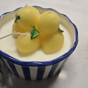 Yellow Fruit Lemon Citrus Scented Candle in Striped Bowl 25 Oz/ 708g